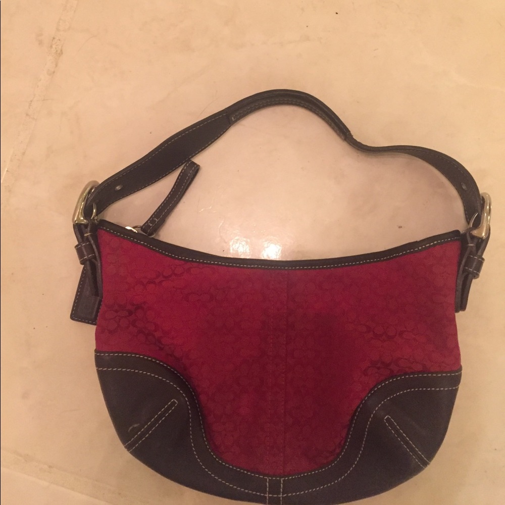 COACH HANDBAG RED CANVAS AND CHOCOLATE LEATHER
