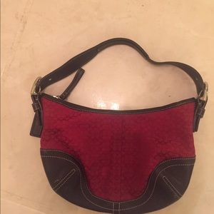 COACH HANDBAG RED CANVAS AND CHOCOLATE LEATHER