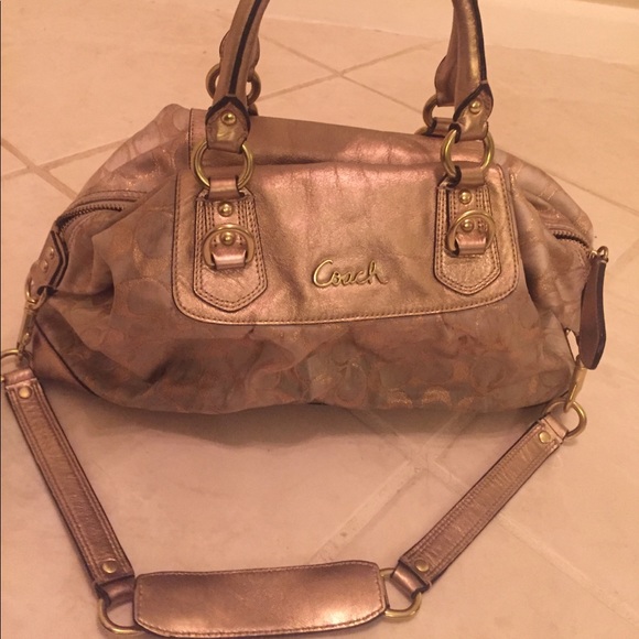 GOLD CANVAS AND LEATHER COACH SATCHEL - Picture 1 of 5
