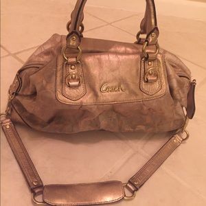 GOLD CANVAS AND LEATHER COACH SATCHEL