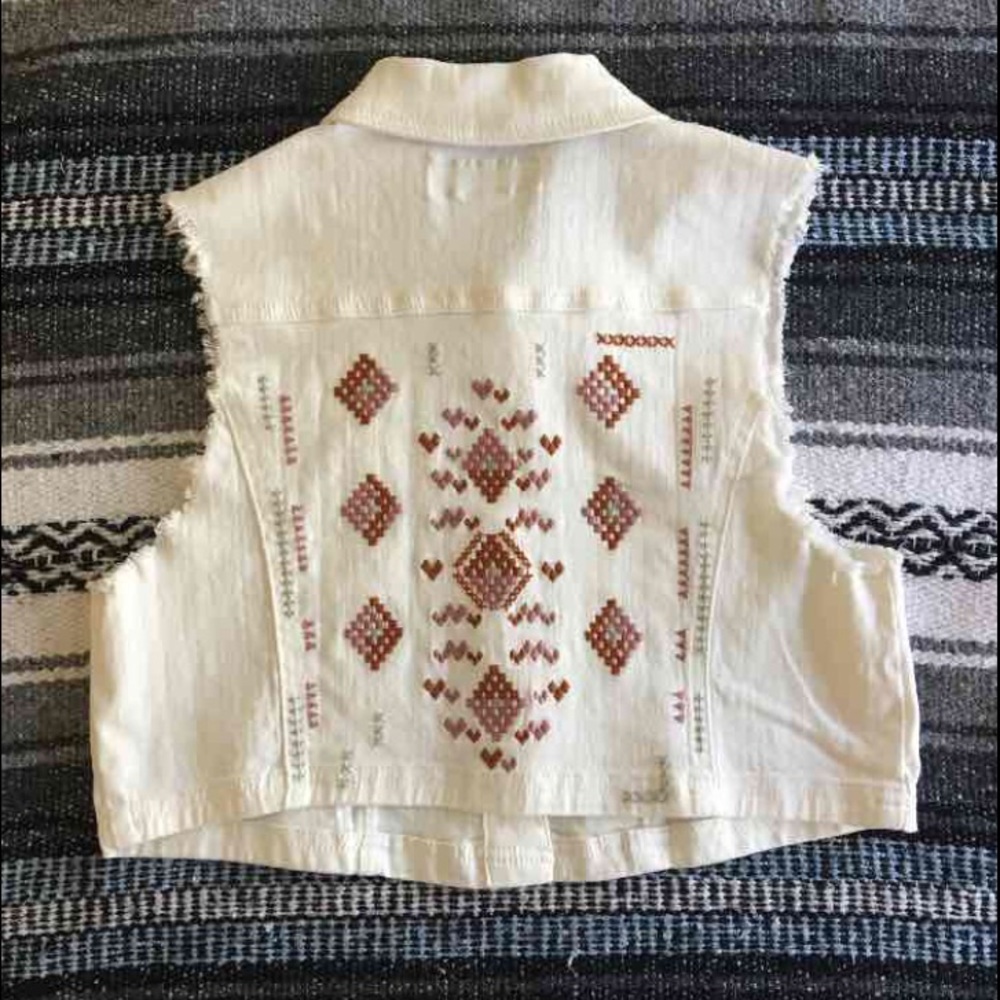 Cream denim jean cropped vest tribal