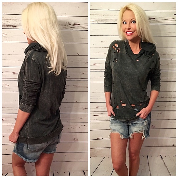 Mineral wash charcoal distressed hoodie top! - Picture 2 of 2