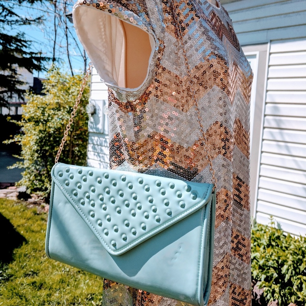 Baby Blue patent leather spiked gold chain purse