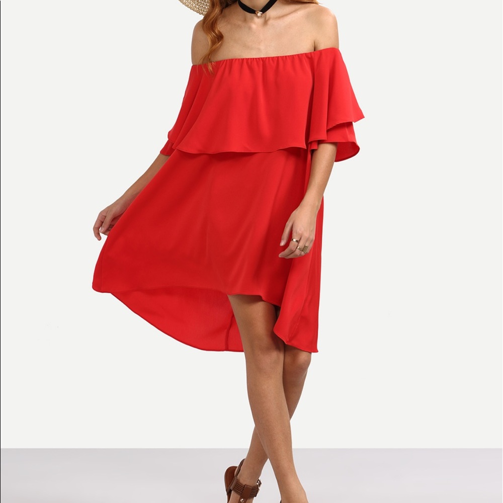 Red Ruffle Off Shoulder Beach Dress