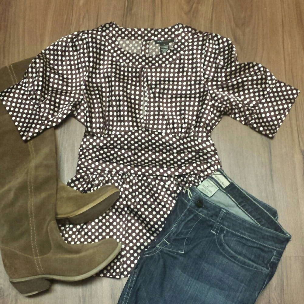 BCBGMaxAzria brown & ivory polka dot faux wrap top, small