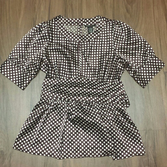 BCBGMaxAzria brown & ivory polka dot faux wrap top, small - Picture 2 of 4