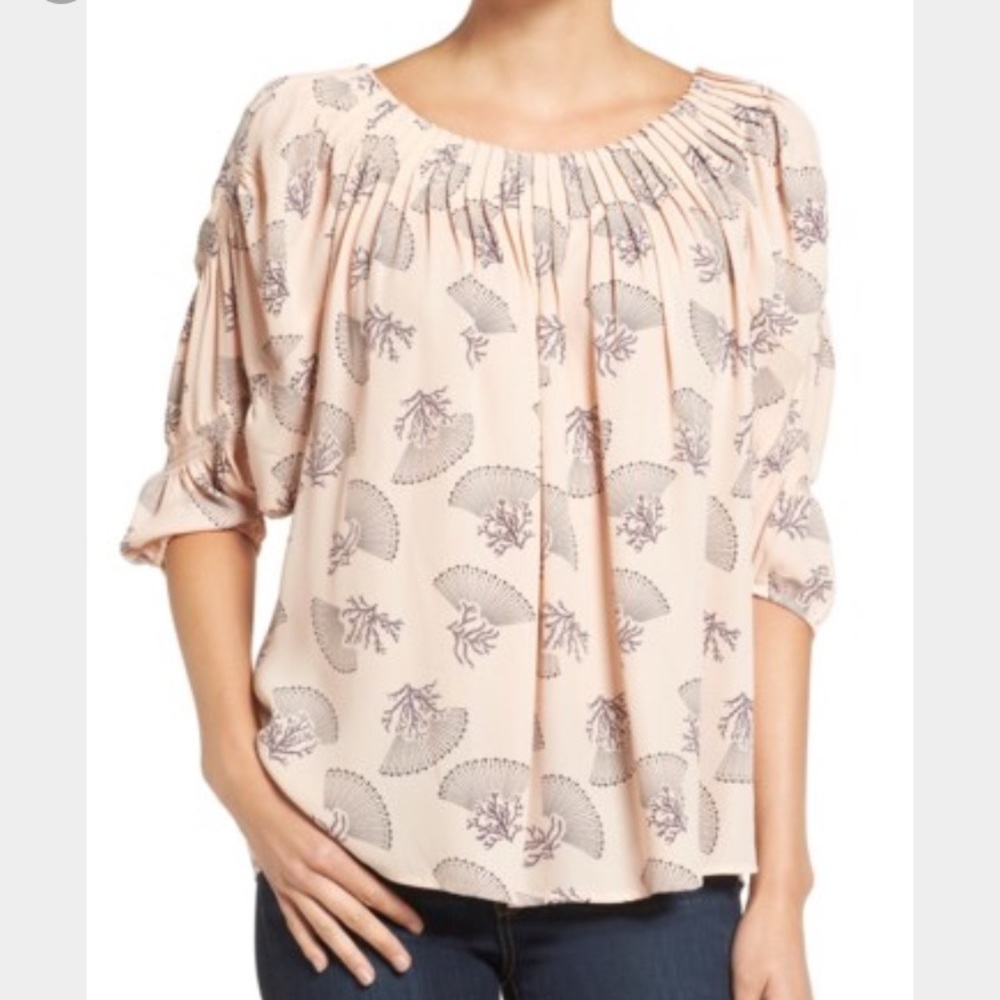 Chelsea28 Pink Coral Print Peasant Blouse Ruffle Sleeve Boho Top NWT Small