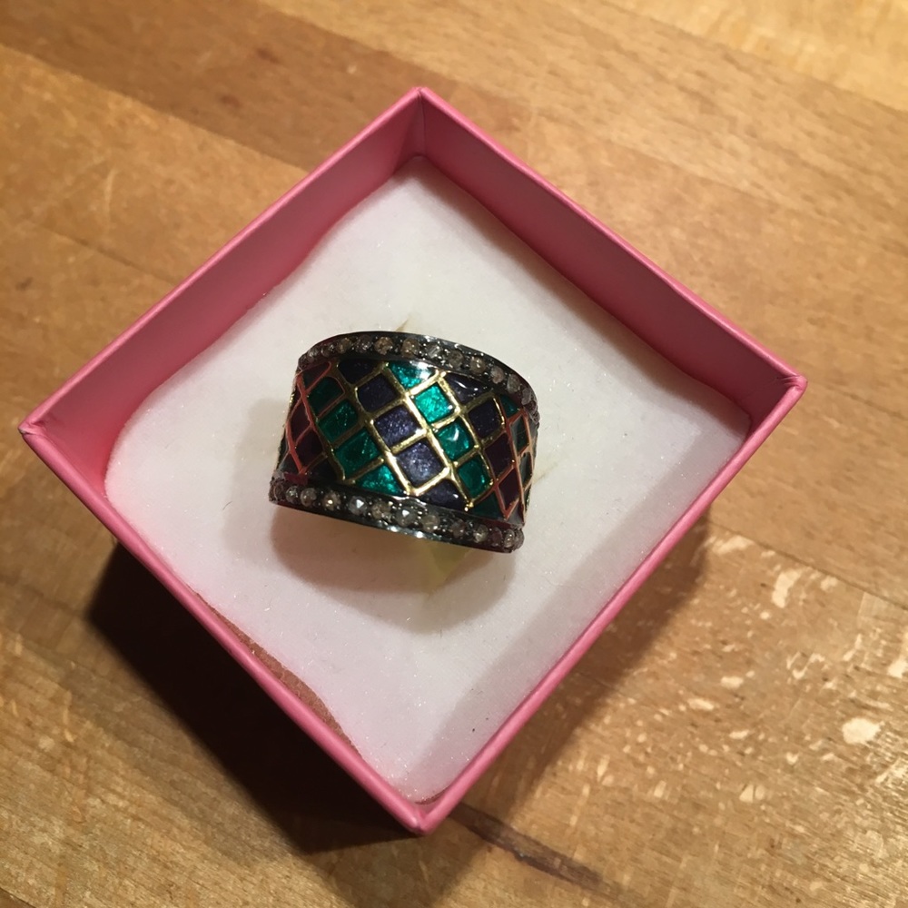 Blue Green Gold Rosecut Enamel Ring