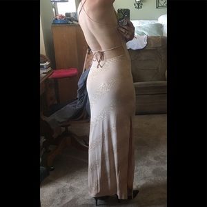 Scoop Neck tan Prom dress, w/ gold accents & slit