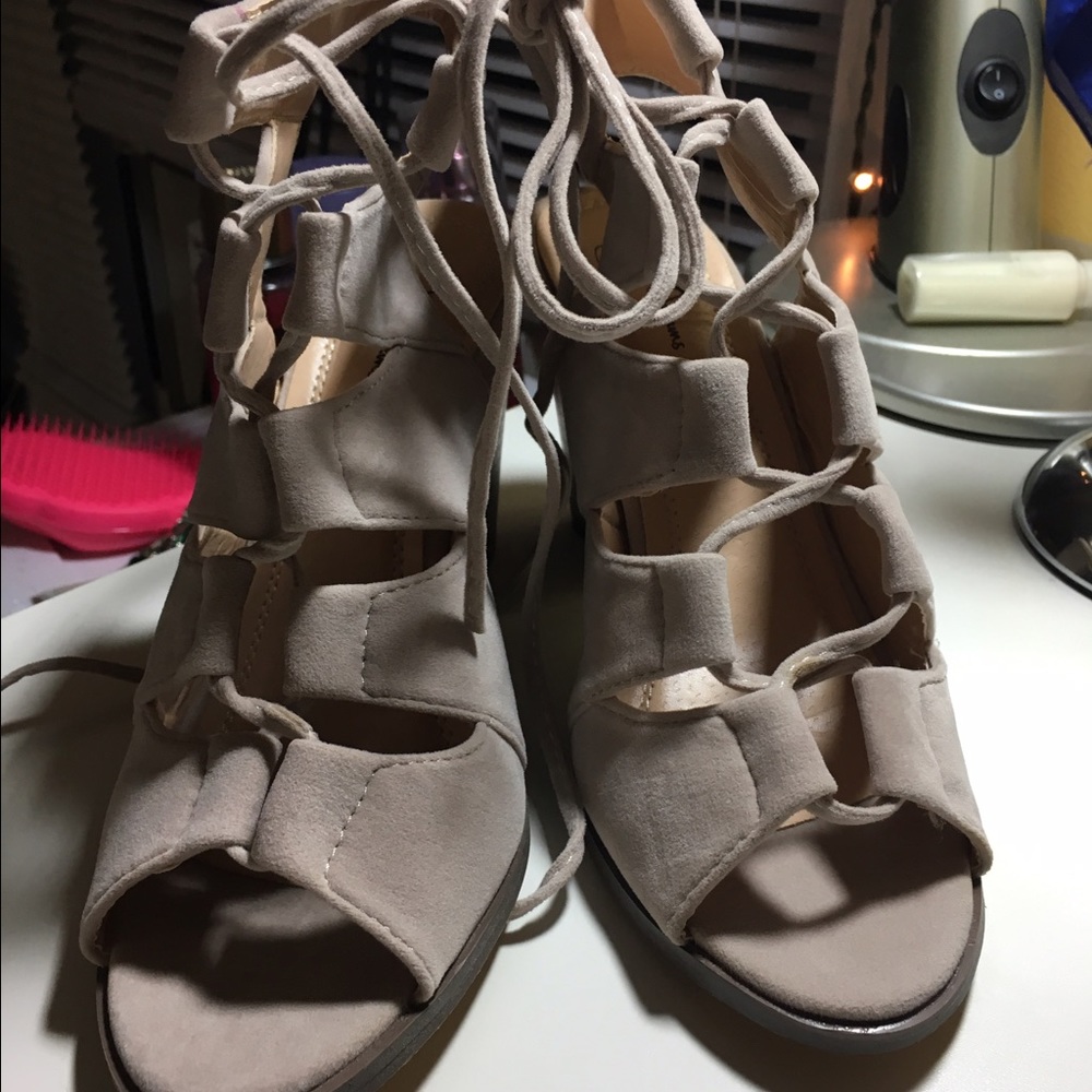 super cute lace up nude beige heels