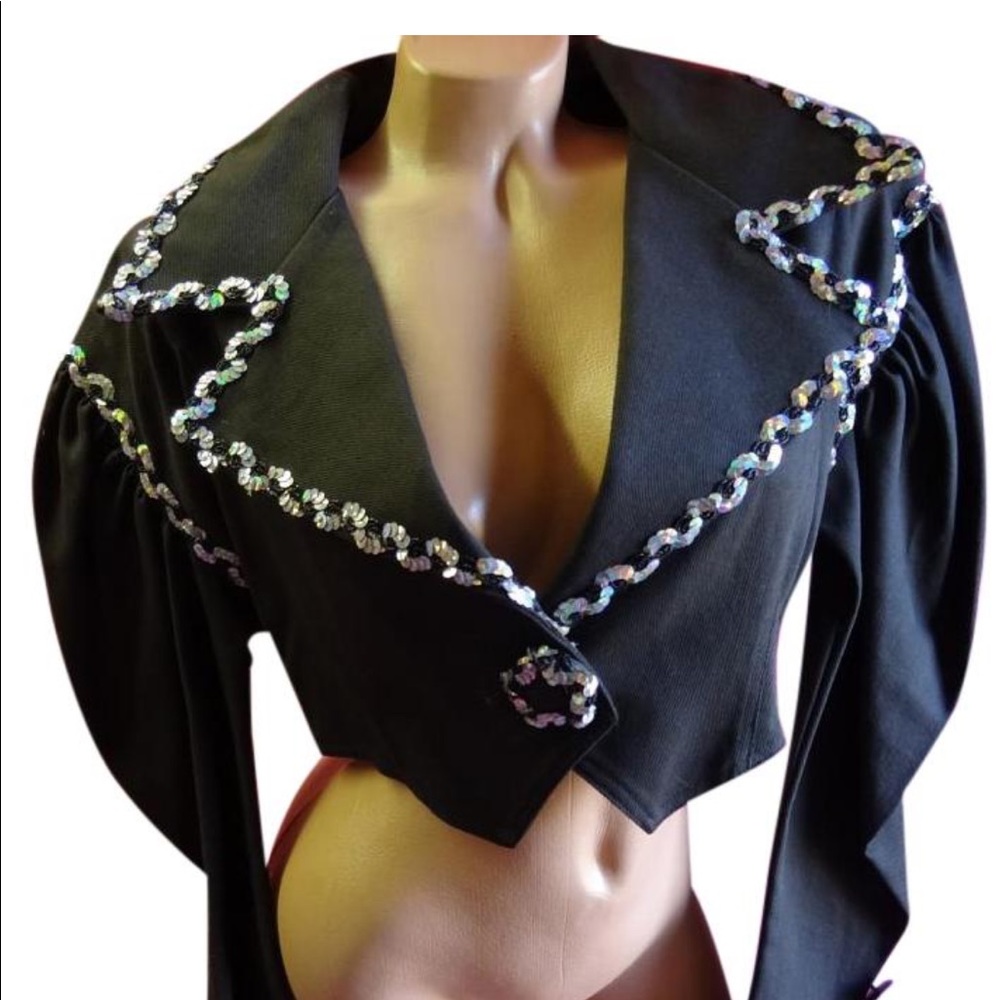 Betsey Johnson vintage black jacket cropped M hologram trim 80’s Madonna short
