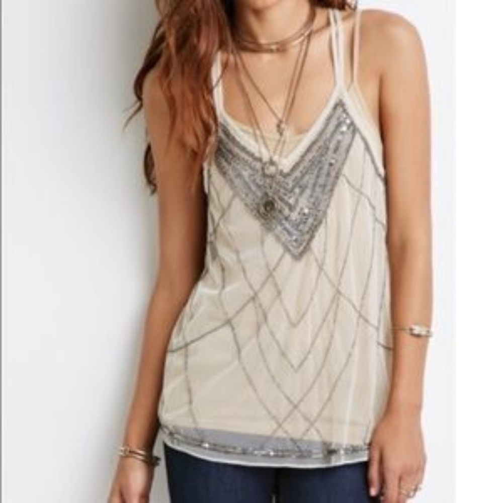 Gray mesh sequined tank top cami
