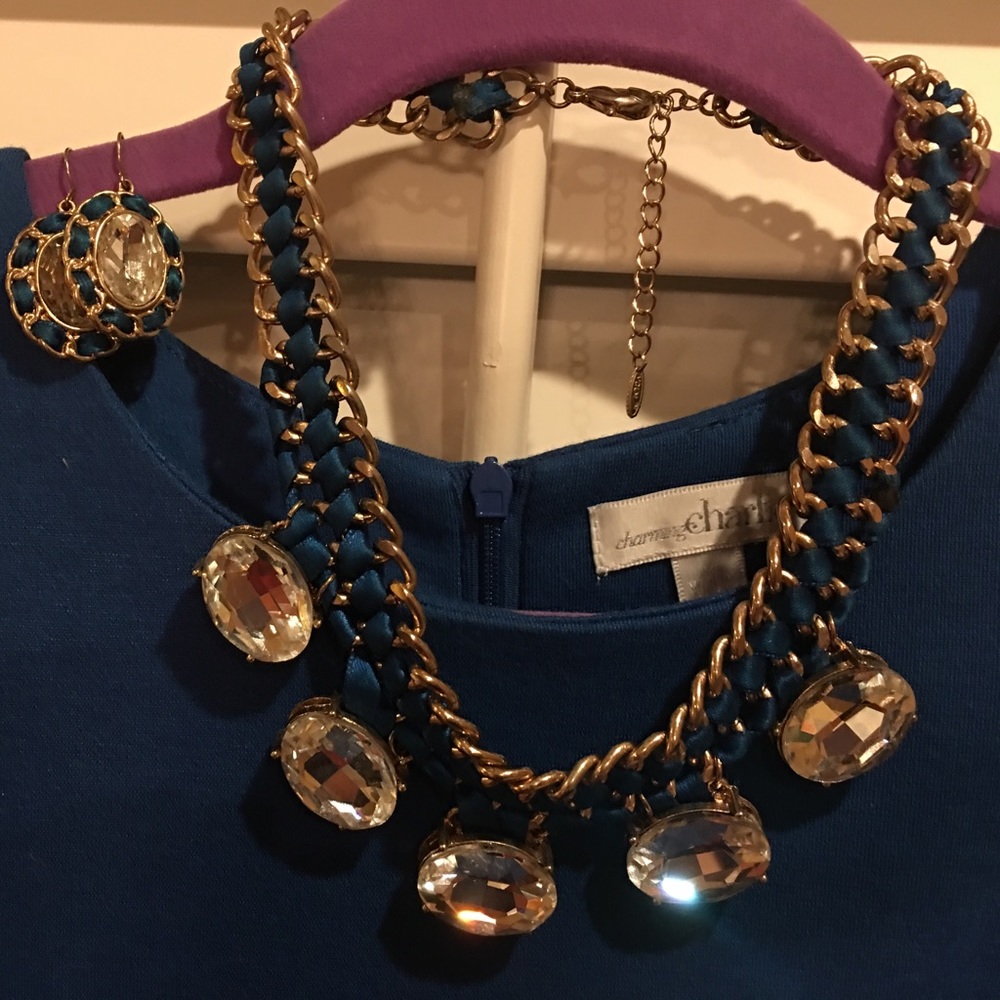 Gold, cobalt blue, and rhinestone jewelry set