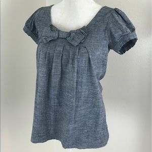 Anthro Fei Chambray Bow Short Sleeve Blue Blouse Anthro Fei Chambray Bow Short Sleeve Blue Blouse