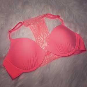 Coral Neon crochet bikini top, front snap closure