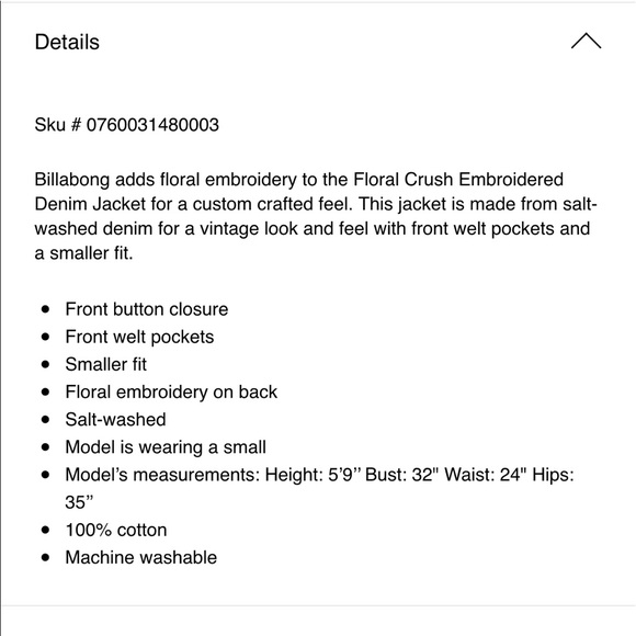BILLABONG DENIM FLORAL JACKET - Picture 7 of 8