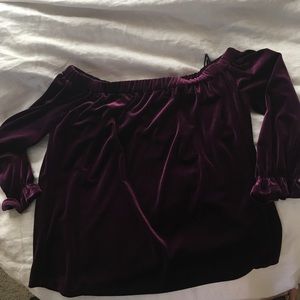 Likely: Off-the-shoulder plum velvet blouse
