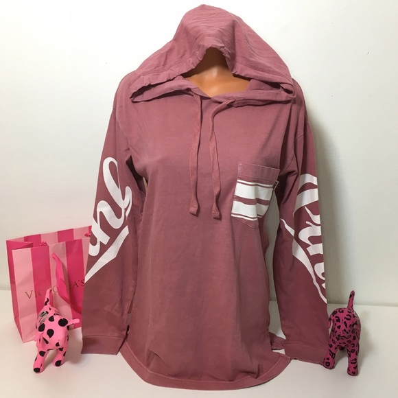 NEW PINK VS LOGO CAMPUS HOODIE TEE T SHIRT - Picture 2 of 7