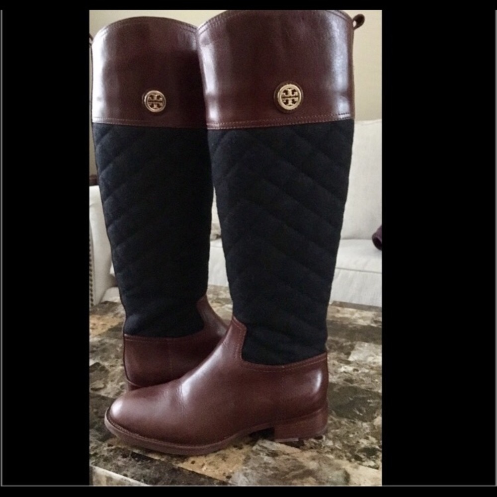 Tory burch black and brown tall riding boots