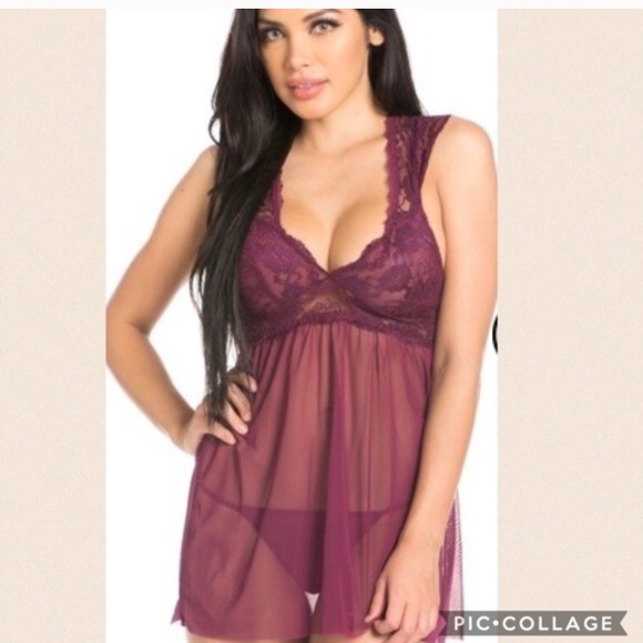 NEW (S LEFT) Burgundy Babydoll nighty w/ thong - Picture 2 of 4