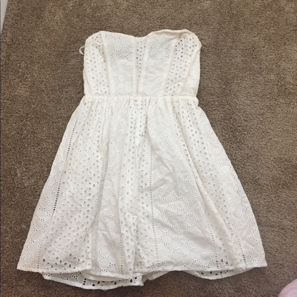 Strapless white eyelet dress