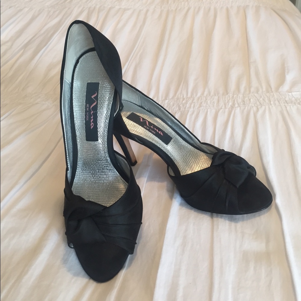 Nina Black Satin Peep Toe Pump 6