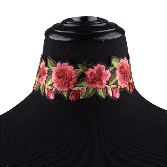 Rose Embroidered Gothic Choker Necklace BOHO - Picture 2 of 7