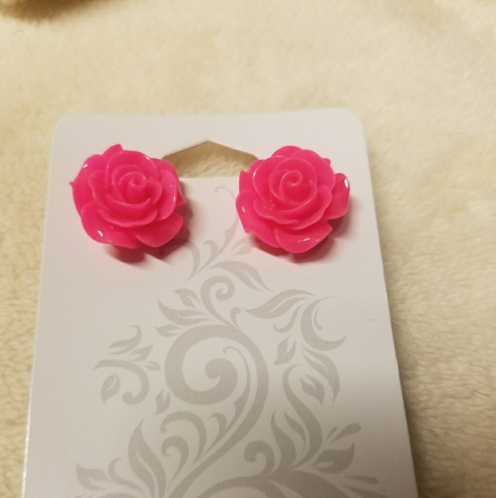 Hot pink rose earrings