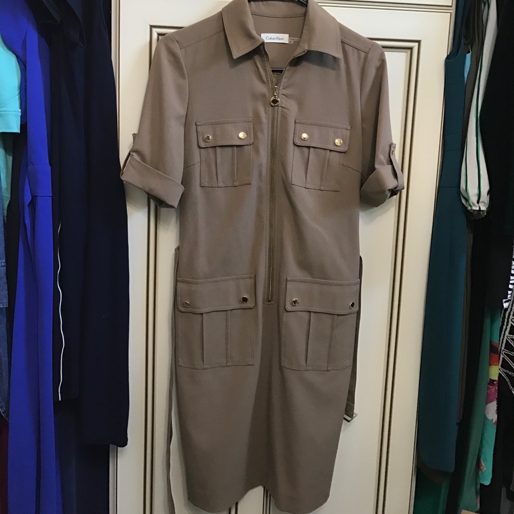 Calvin Klein belted pocket dress tan