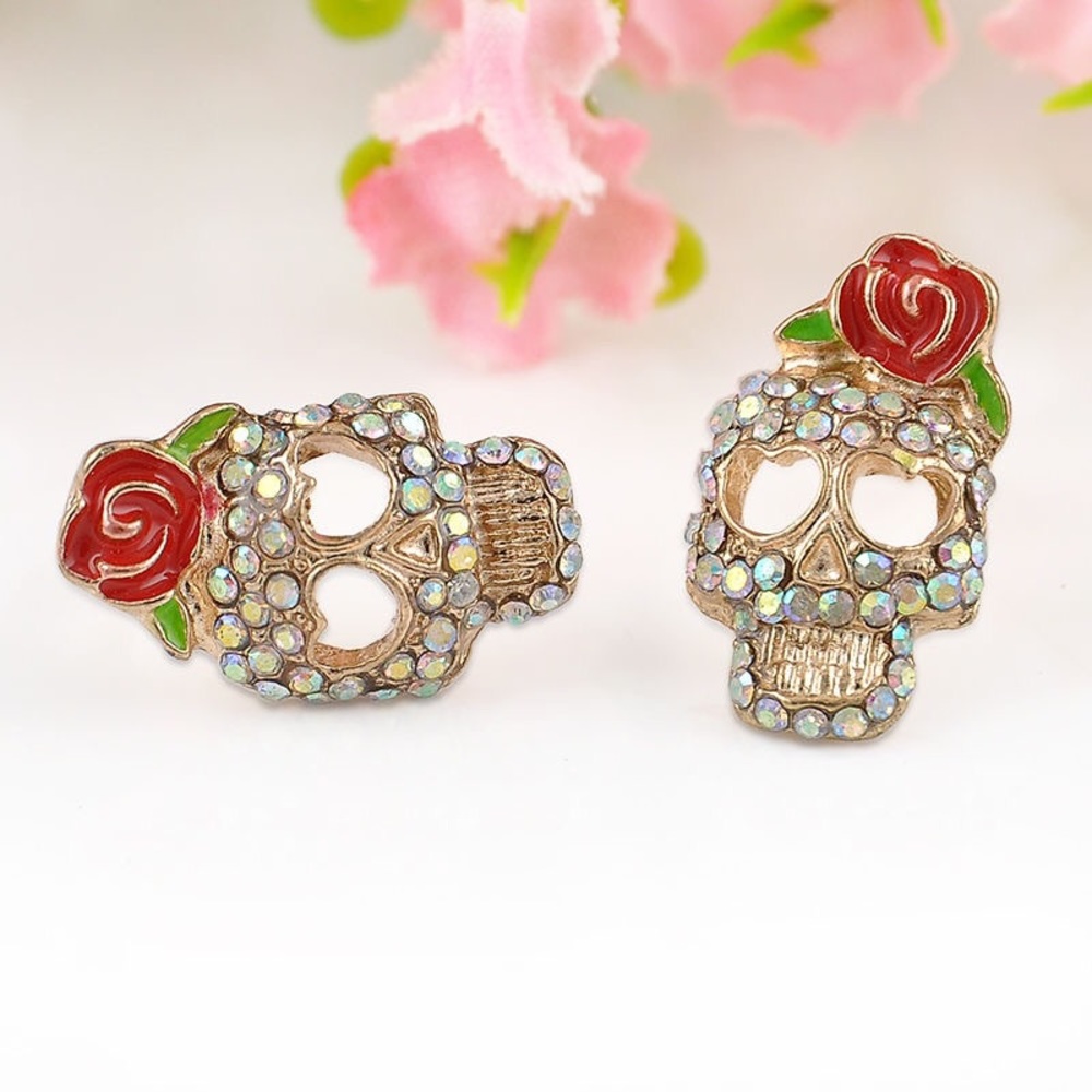 Rhinestone Skulls With Flowers Stud Earrings - Picture 2 of 4