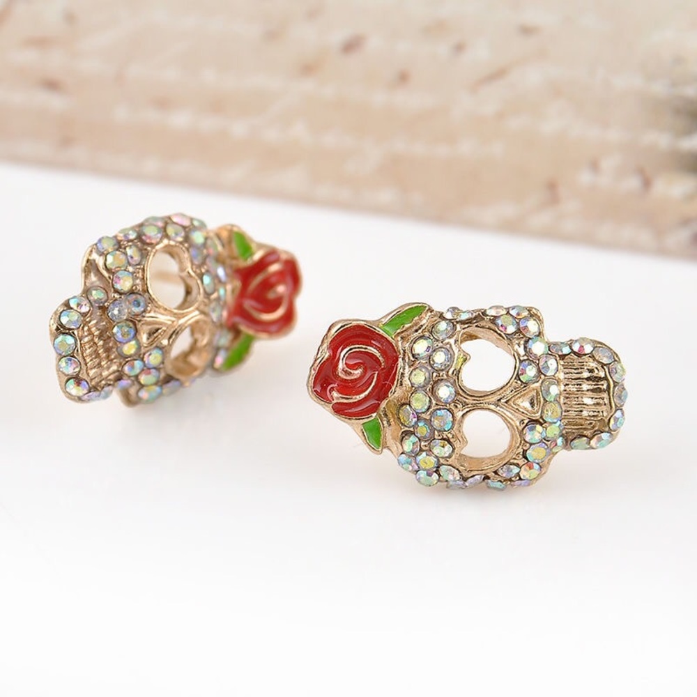 Rhinestone Skulls With Flowers Stud Earrings - Picture 4 of 4