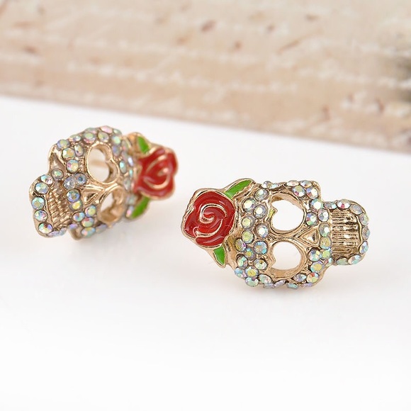 Rhinestone Skulls With Flowers Stud Earrings - Picture 4 of 4