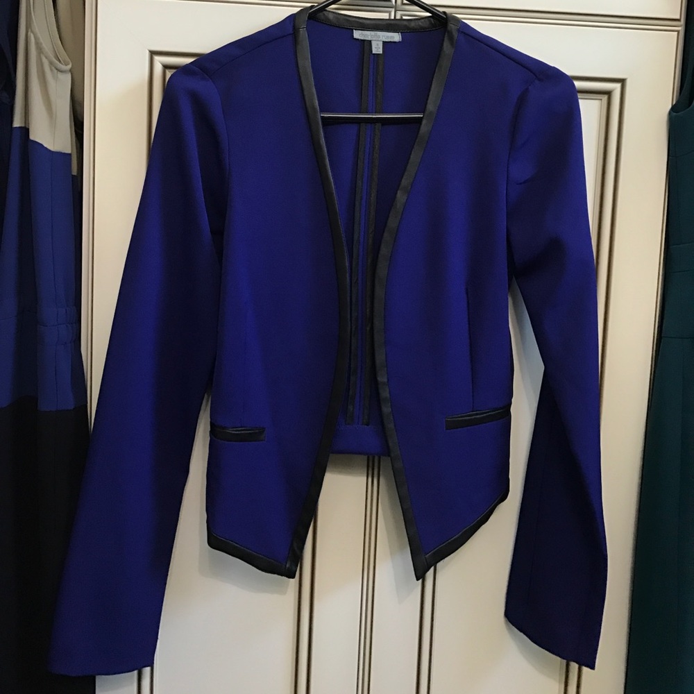 Blue blazer with black leather trim