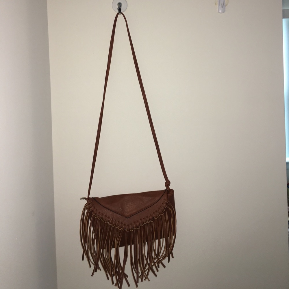 Brown faux leather fringe cross body bag