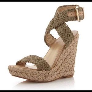 Stuart Weitzman Alex Crochet Wedge Sandal in Swamp