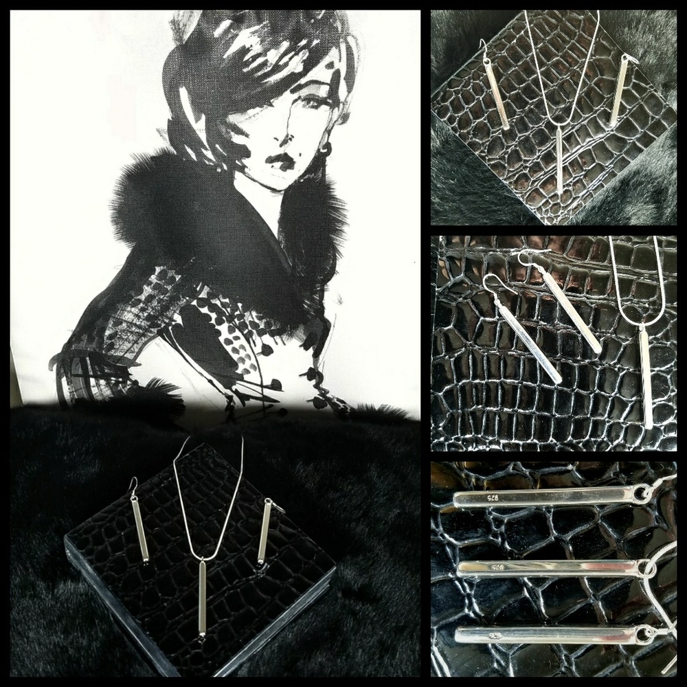 Minimalist Silver Bar Earrings & Necklace Set