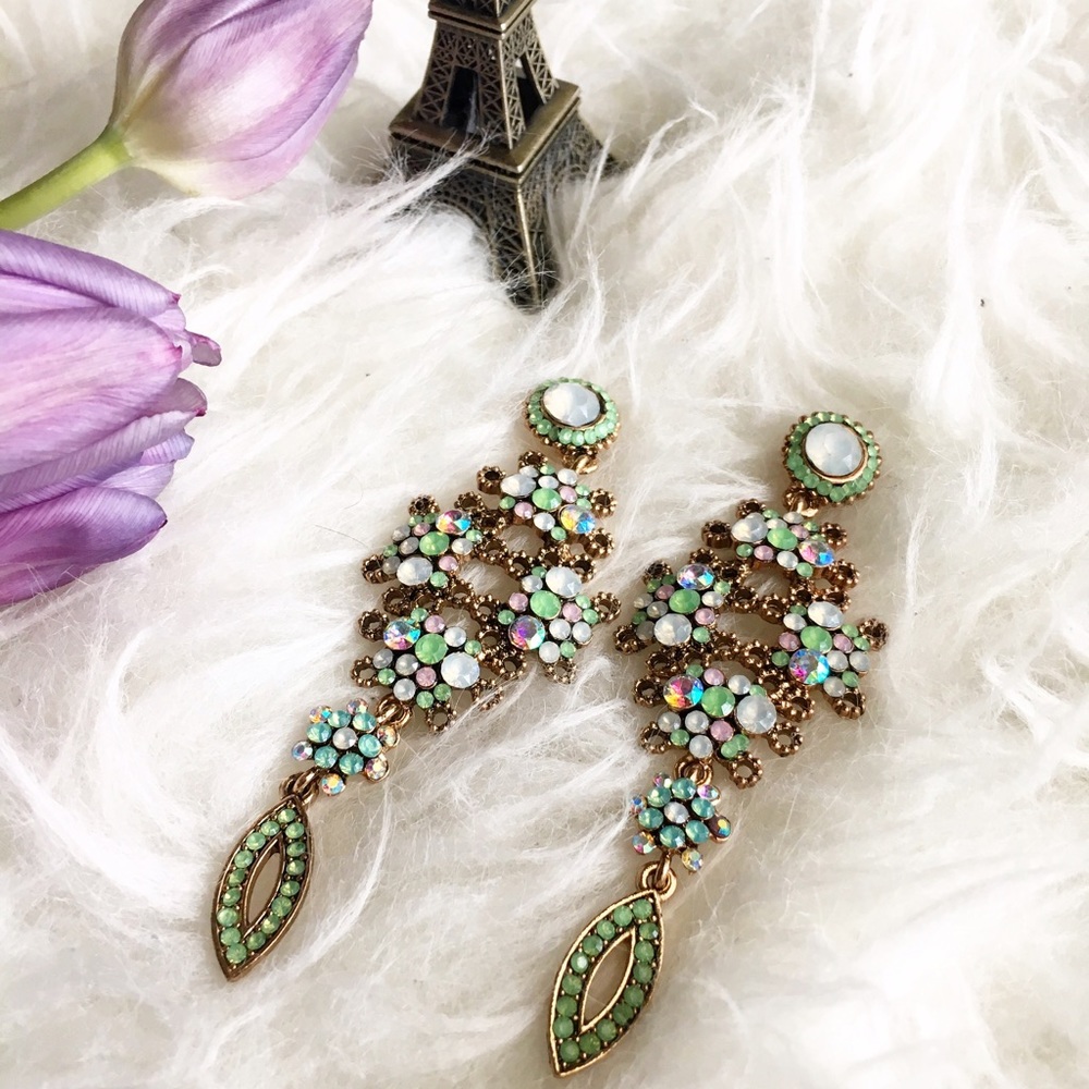 "Sea foam" green Rhinestone earrings long stud