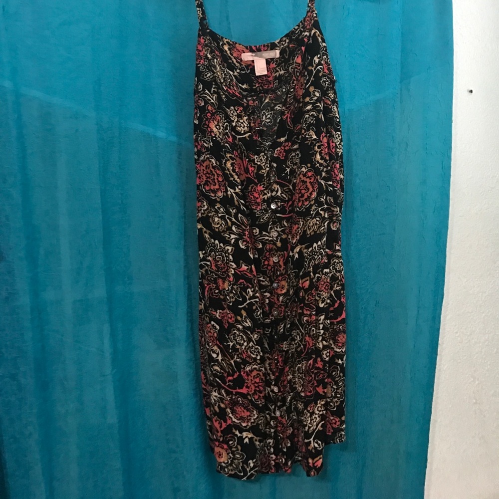 Black dress with pink, cream, and tan prints