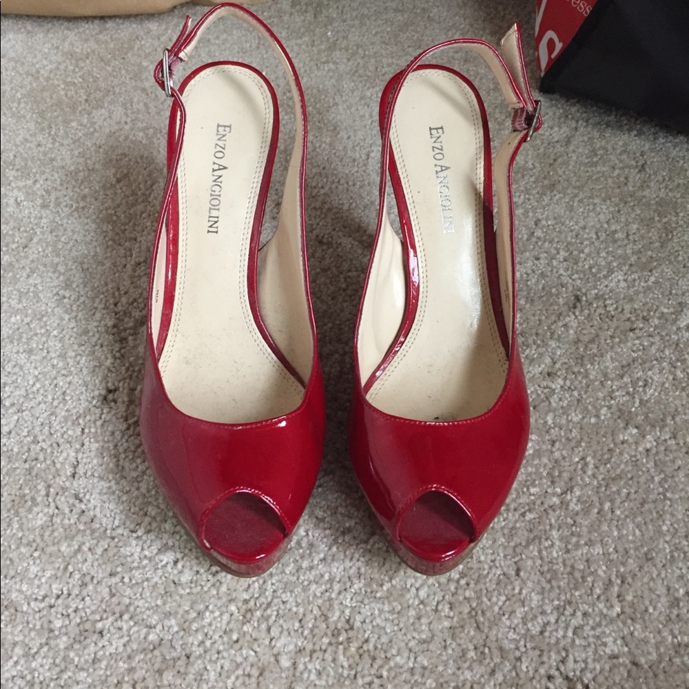 Red patent platform heels.