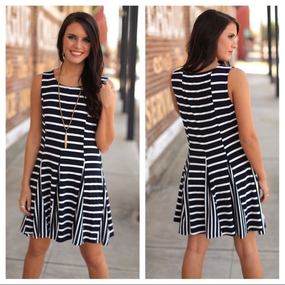•Dark Navy White Striped Dress• - Picture 2 of 4