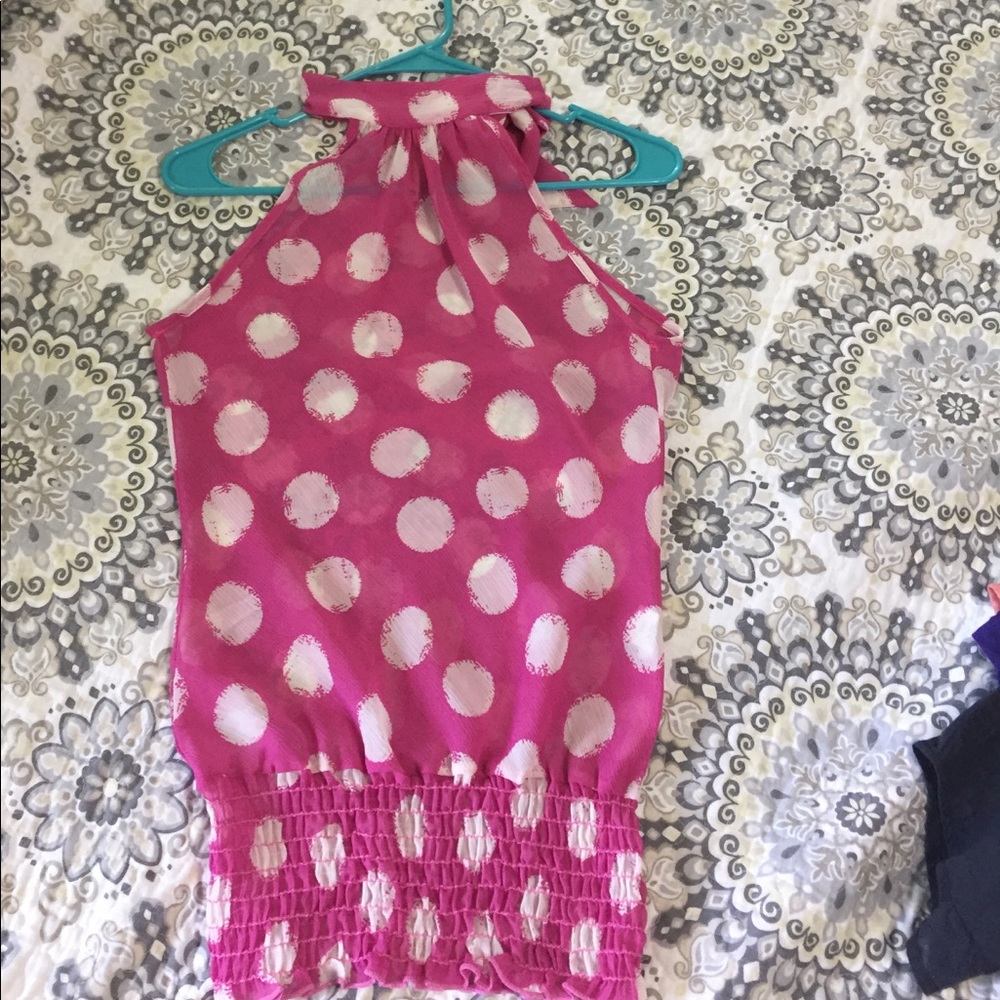Pink and white polka dot sheer halter top shirt