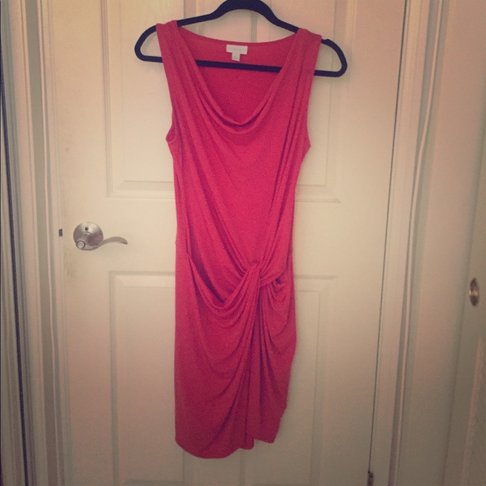 Coral drape neck dress with twist detail