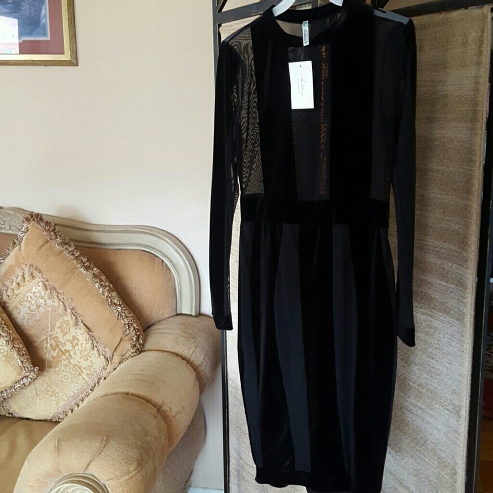 Sexy Velvet Striped Mesh Black Dress