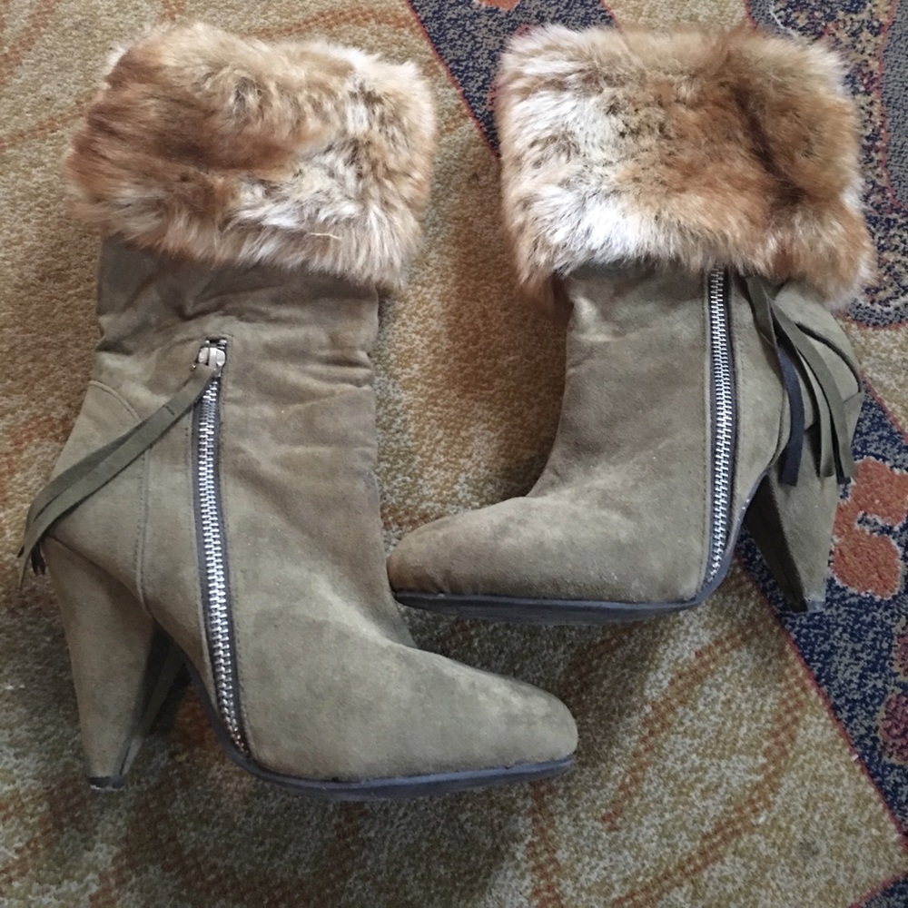 Faux fur olive suede heeled boots
