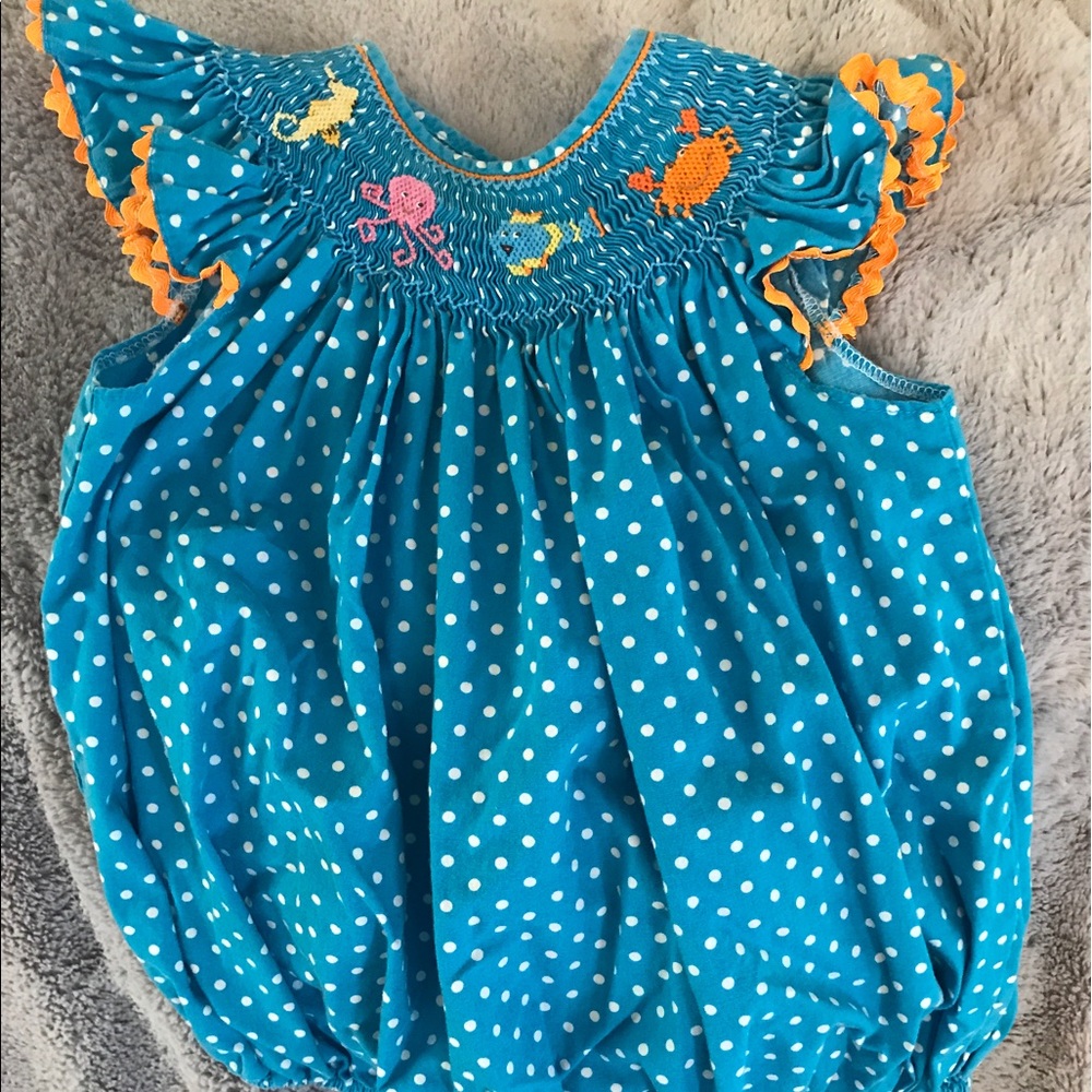 Blue & white smocked bubble