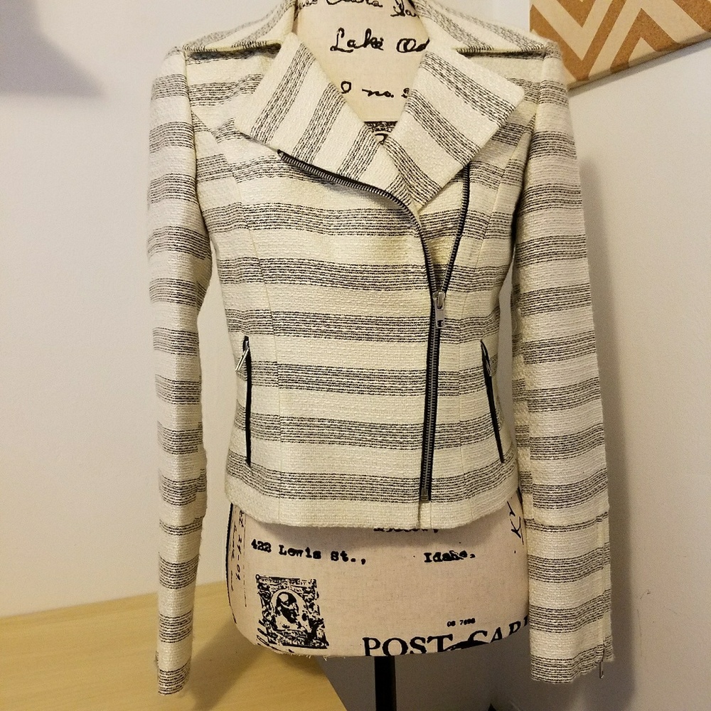 Striped Metallic Tweed Zip Up Blazer
