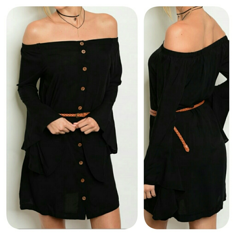Off shoulder black dress with brown buttons & belt MEDIUM New