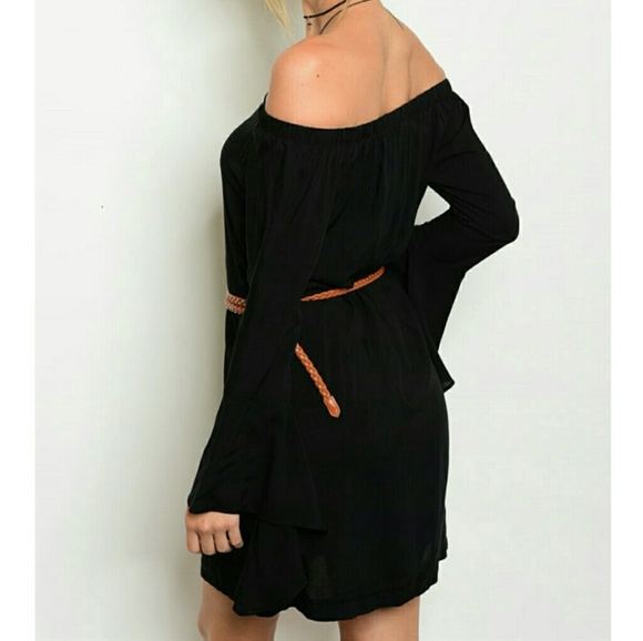 Off shoulder black dress with brown buttons & belt MEDIUM New - Picture 3 of 6
