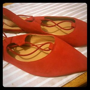 Red Lace Up Ballerina Flats - Never Worn Size 10