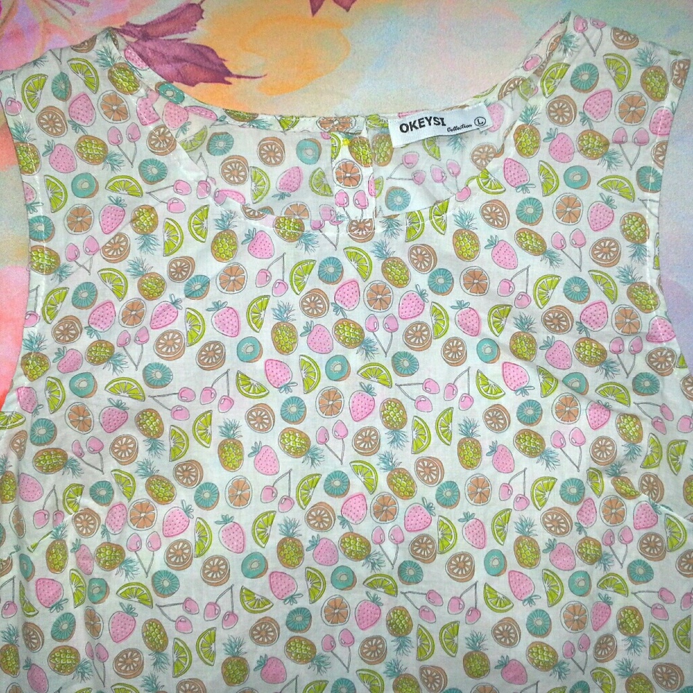 Colorful Fruit Print Crop Top W/ Buttons on Back